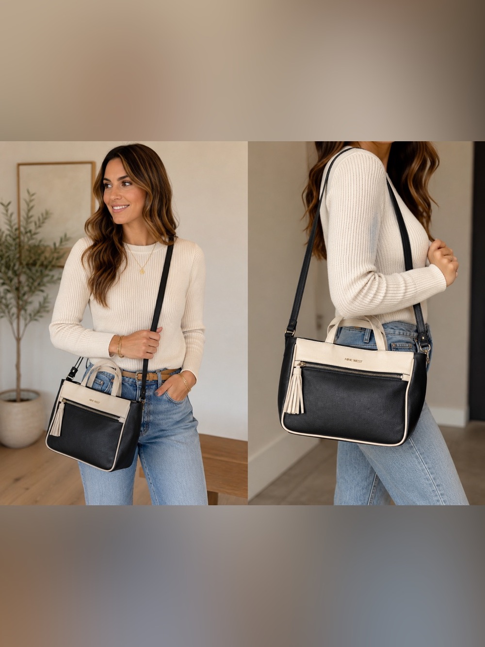 Nine West Black Cream Colorblock Crossbody Satchel Bag Neutral Work Tote